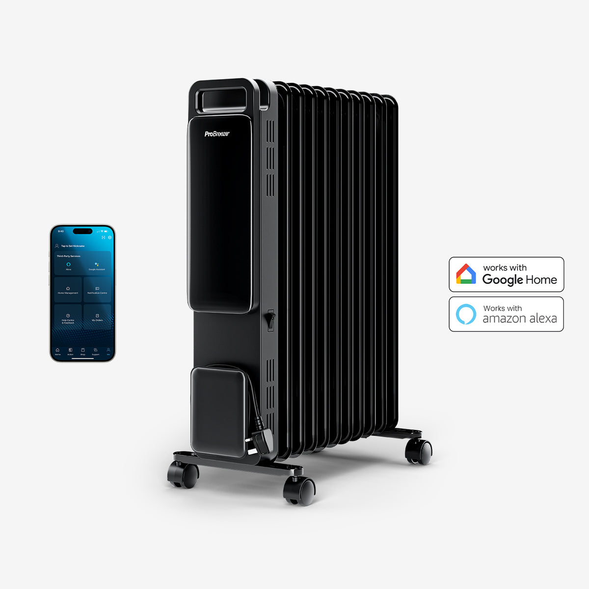 OmniWarm 2500W Oil Filled 11 Fins Eco Radiator Heater With Digital Display and Smart App Control - Black