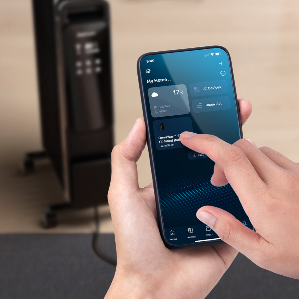 OmniWarm 2500W Oil Filled 11 Fins Eco Radiator Heater With Digital Display and Smart App Control - Black