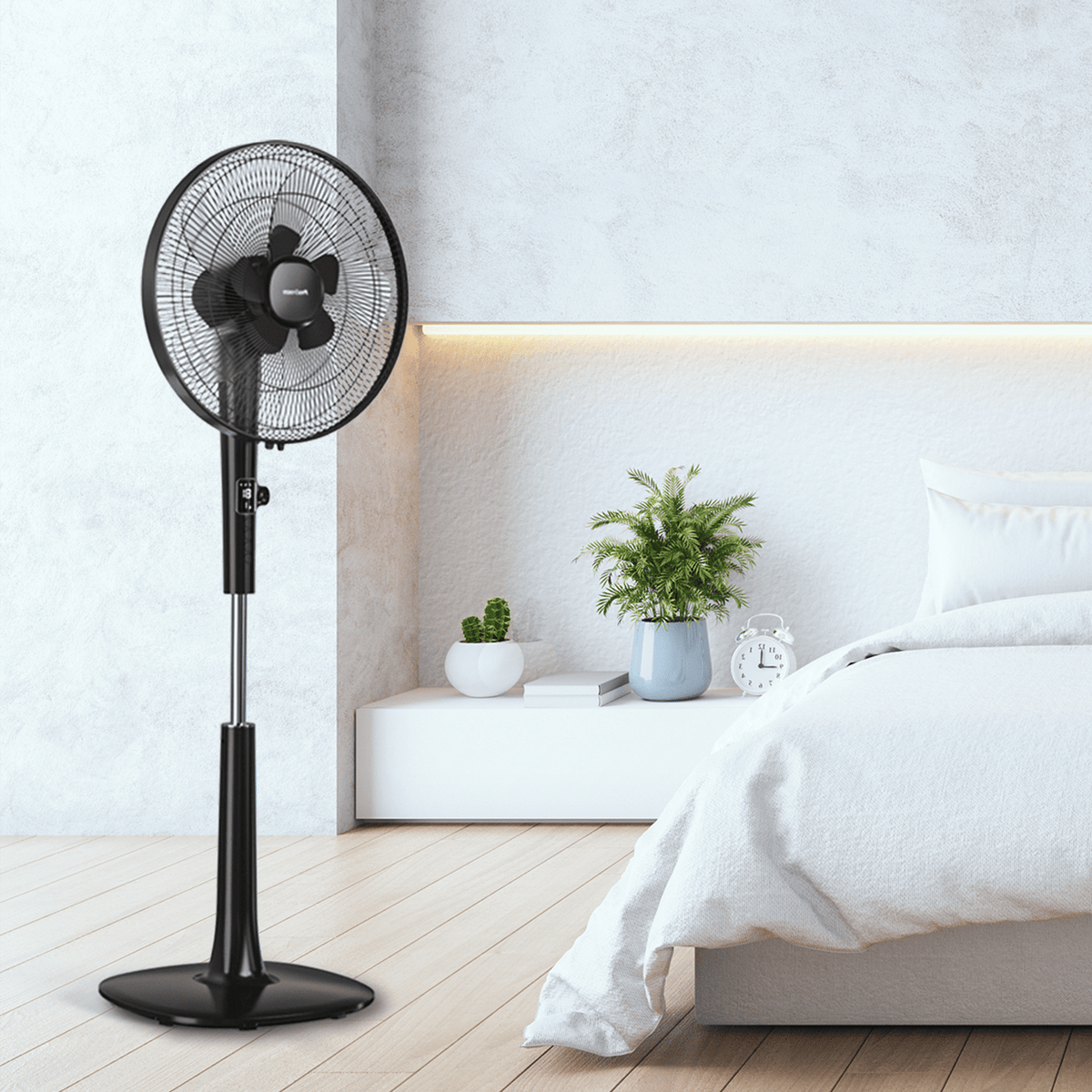 Ventilatore a piedistallo da 16" - Motore CC a basso consumo energetico, 3 modalità di funzionamento e telecomando - Nero